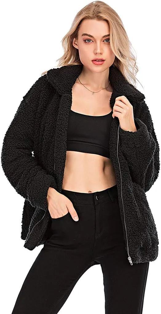 Womens Faux Shearling Jacket, Casual Lapel Fleece Fuzzy Jacket Shaggy Oversized Jacket Fashion Cardigan Coat