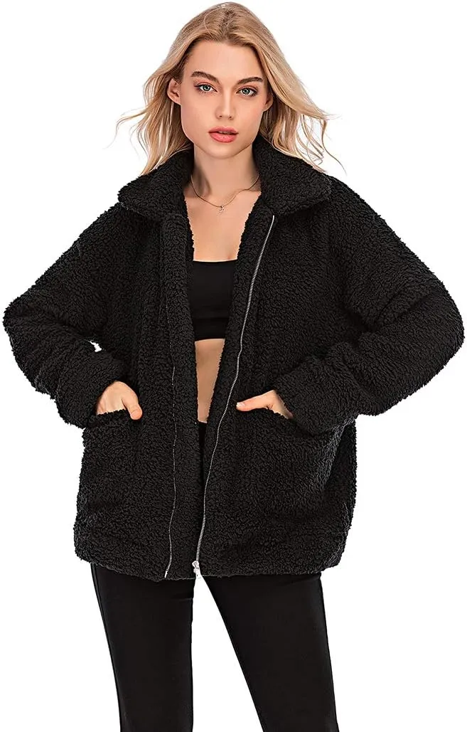 Womens Faux Shearling Jacket, Casual Lapel Fleece Fuzzy Jacket Shaggy Oversized Jacket Fashion Cardigan Coat