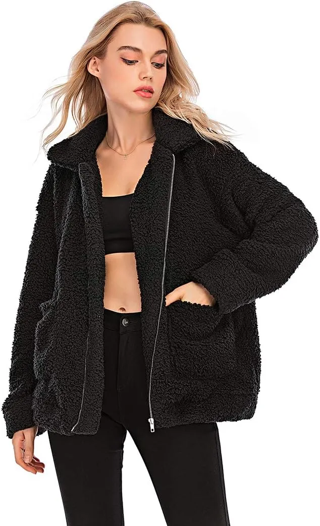 Womens Faux Shearling Jacket, Casual Lapel Fleece Fuzzy Jacket Shaggy Oversized Jacket Fashion Cardigan Coat