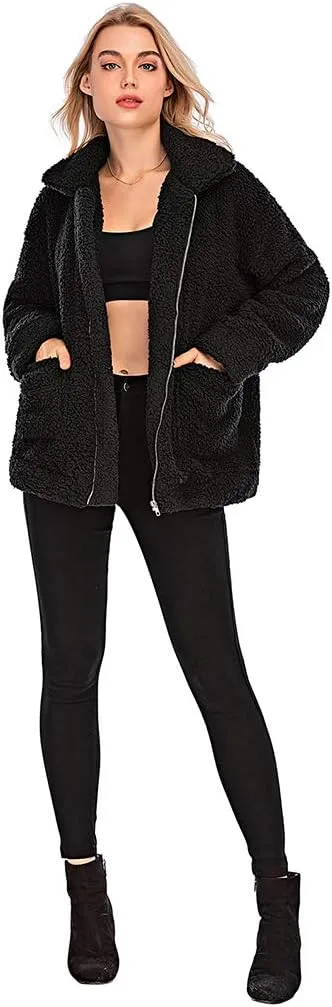 Womens Faux Shearling Jacket, Casual Lapel Fleece Fuzzy Jacket Shaggy Oversized Jacket Fashion Cardigan Coat