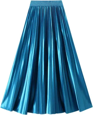 Women's High Waist Pleated Midi Skirts Trendy Elastic Waist A-line Flared Skirt