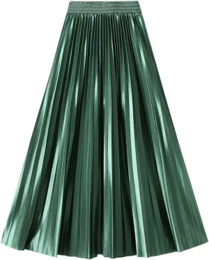 Women's High Waist Pleated Midi Skirts Trendy Elastic Waist A-line Flared Skirt