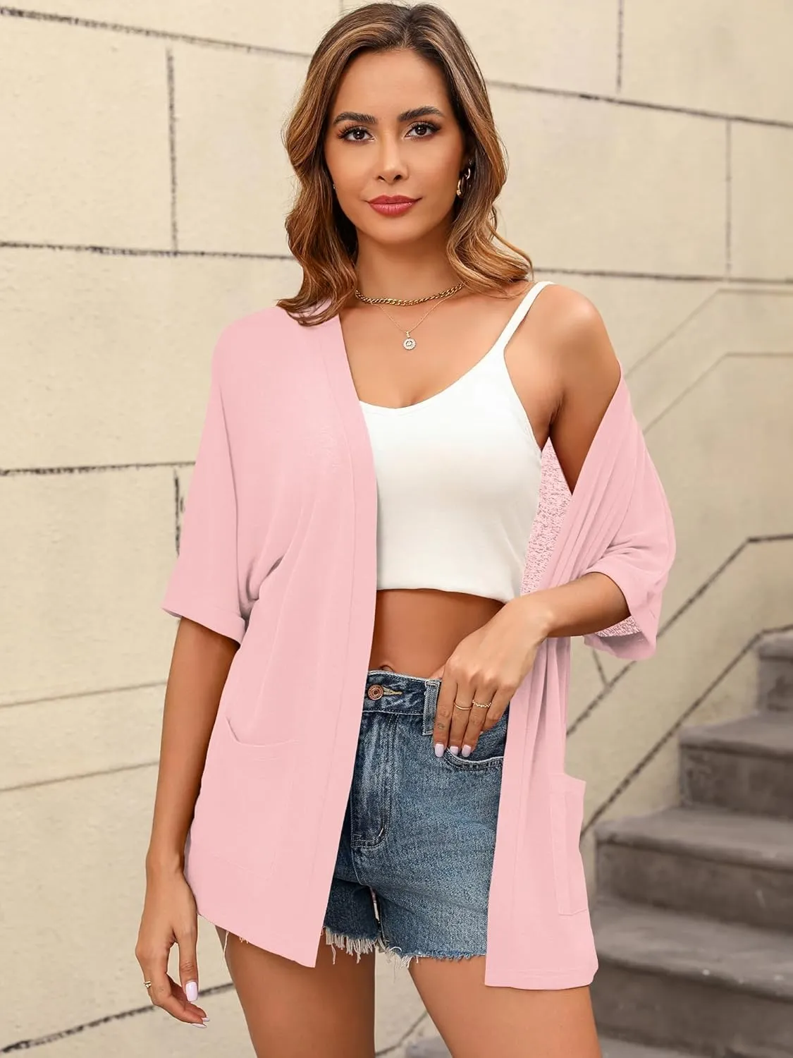 Women's Lightweight Open Front Cardigans Short Sleeve Casual Soft Sheer Cardigan S-2XL with Pockets