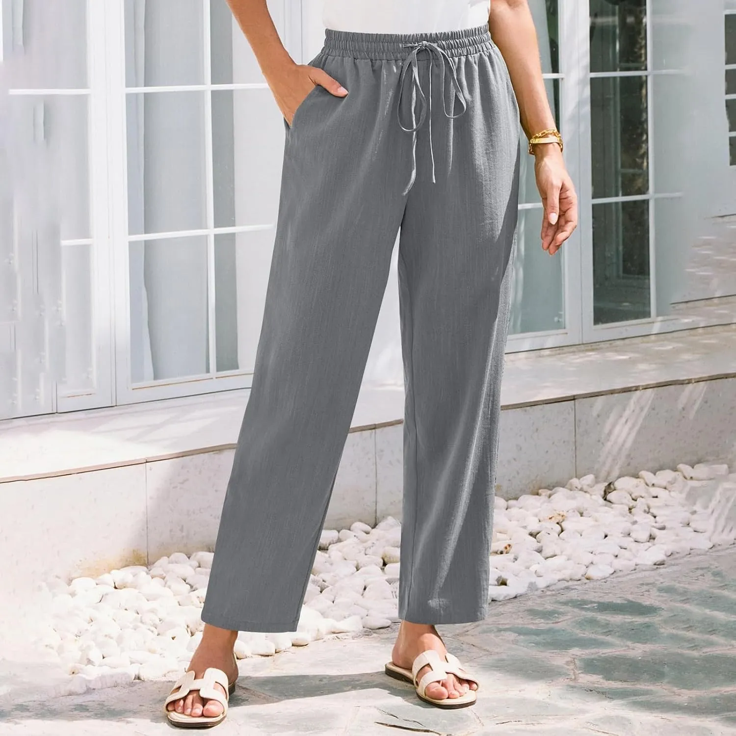 Womens Linen Pants Straight Leg Elastic Drawstring Lightweight Trousers Summer Beach Lounge Pants with Pockets