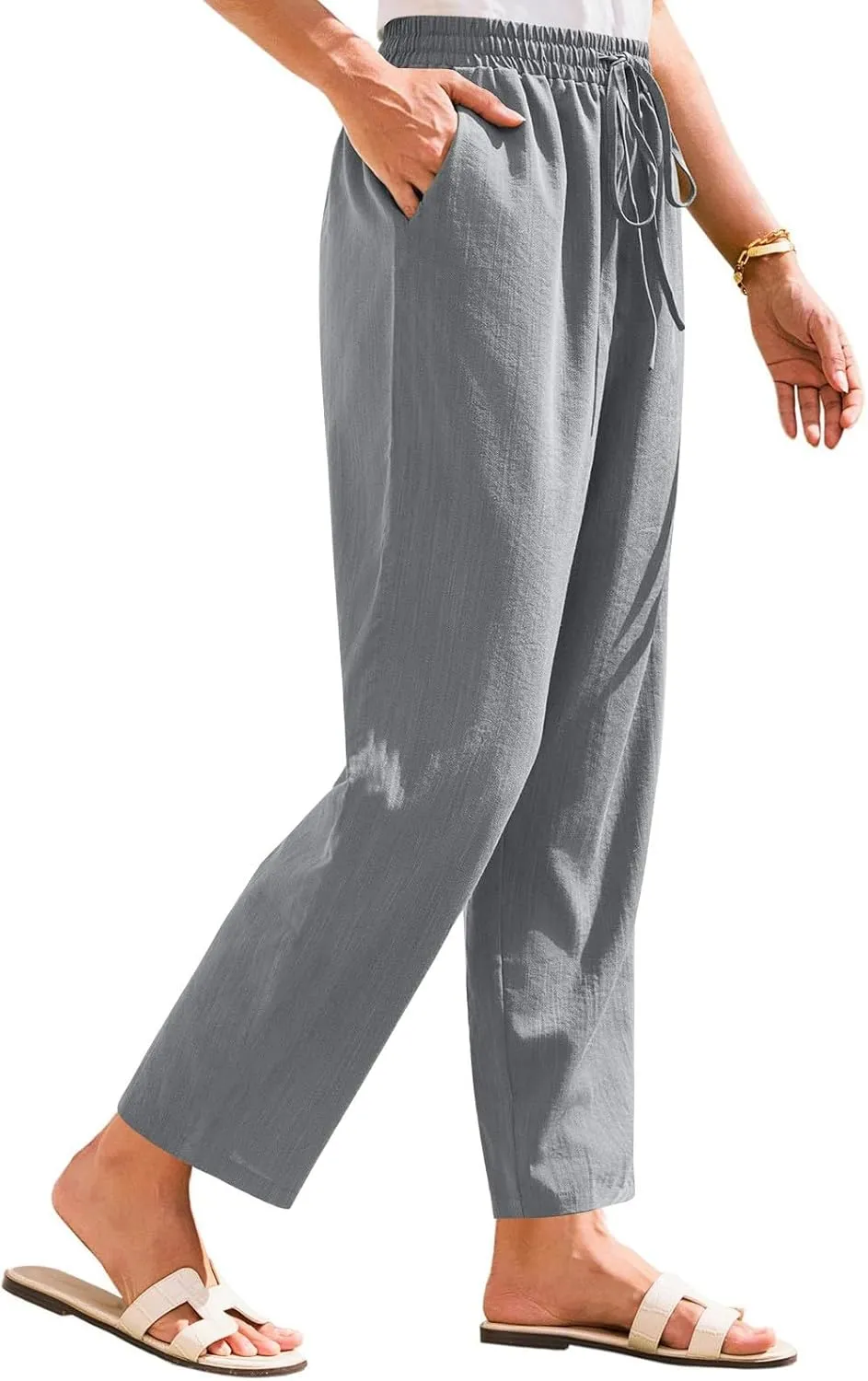 Womens Linen Pants Straight Leg Elastic Drawstring Lightweight Trousers Summer Beach Lounge Pants with Pockets