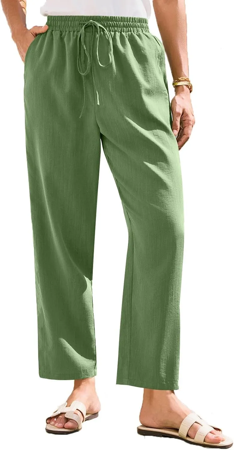 Womens Linen Pants Straight Leg Elastic Drawstring Lightweight Trousers Summer Beach Lounge Pants with Pockets