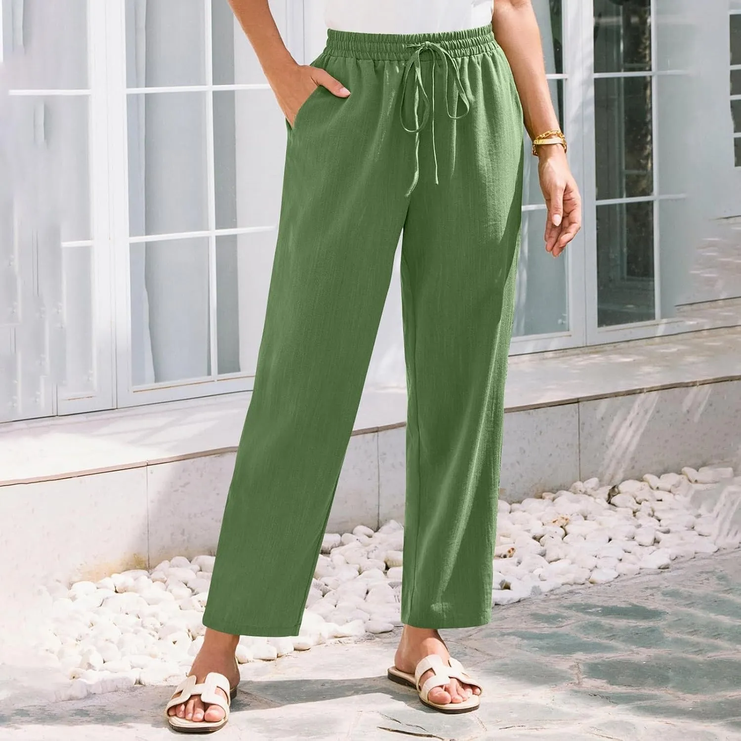 Womens Linen Pants Straight Leg Elastic Drawstring Lightweight Trousers Summer Beach Lounge Pants with Pockets