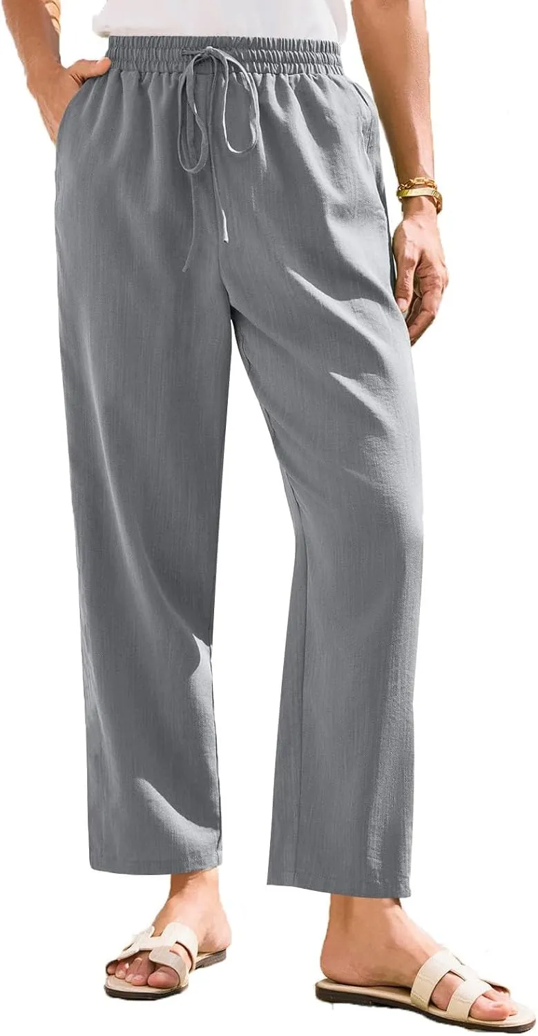 Womens Linen Pants Straight Leg Elastic Drawstring Lightweight Trousers Summer Beach Lounge Pants with Pockets