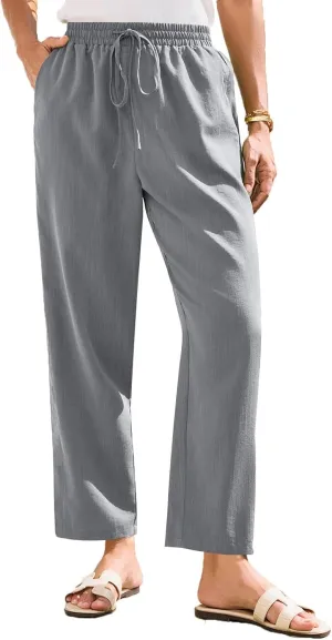 Womens Linen Pants Straight Leg Elastic Drawstring Lightweight Trousers Summer Beach Lounge Pants with Pockets