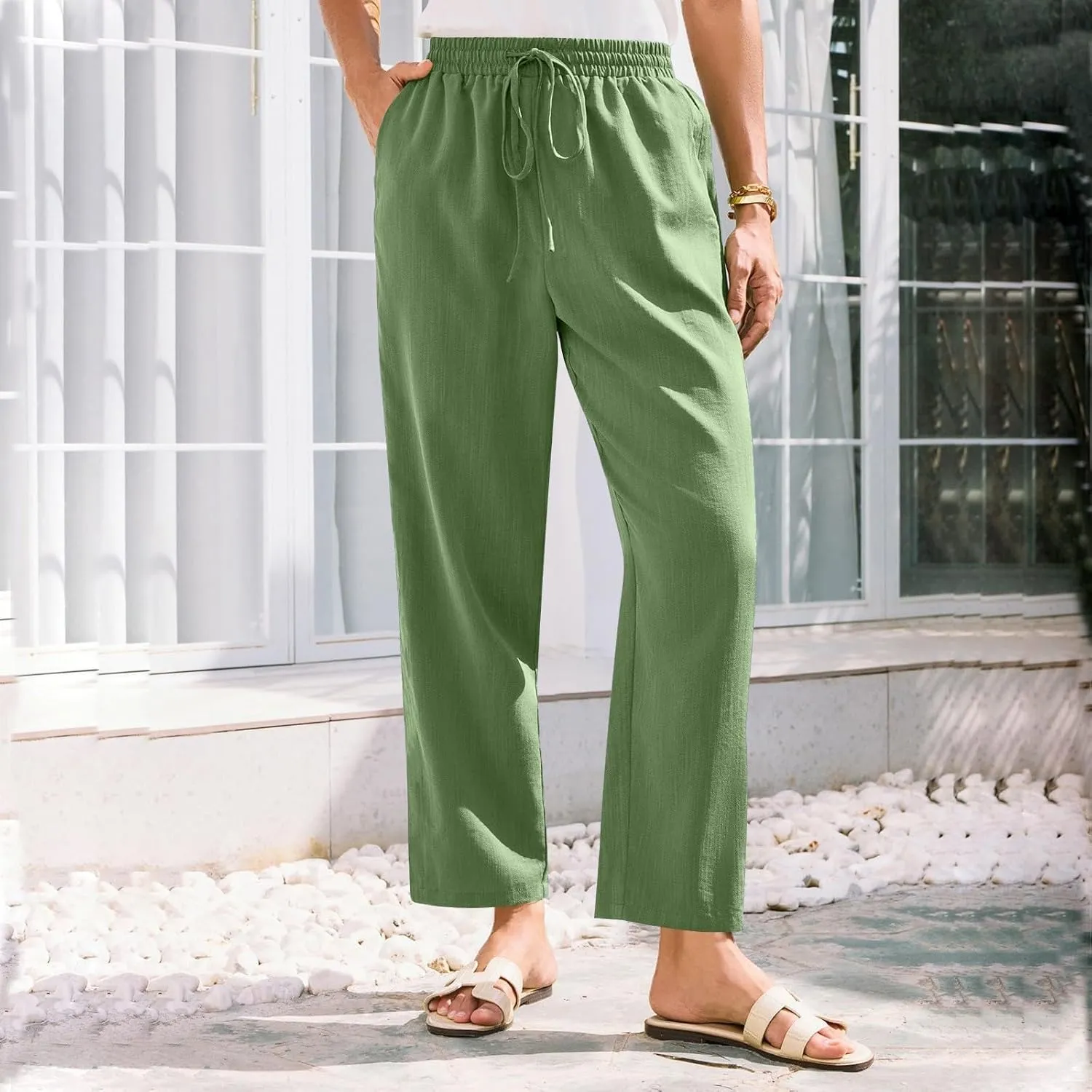 Womens Linen Pants Straight Leg Elastic Drawstring Lightweight Trousers Summer Beach Lounge Pants with Pockets