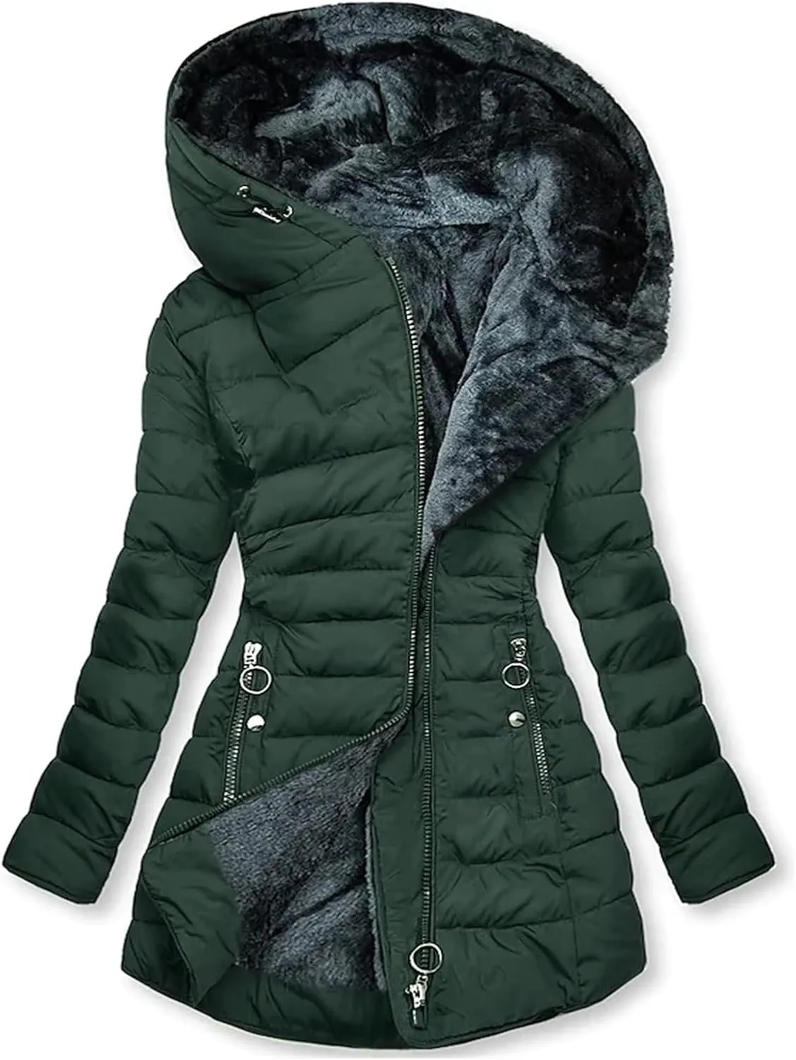 Women's Long Warm Thickened Winter Coat Offer Sherpa Lined Down Jacket Winter Cotton Padded Jacket Waterproof Fleece Coats Outdoor Women's Jacket(Green,Large)