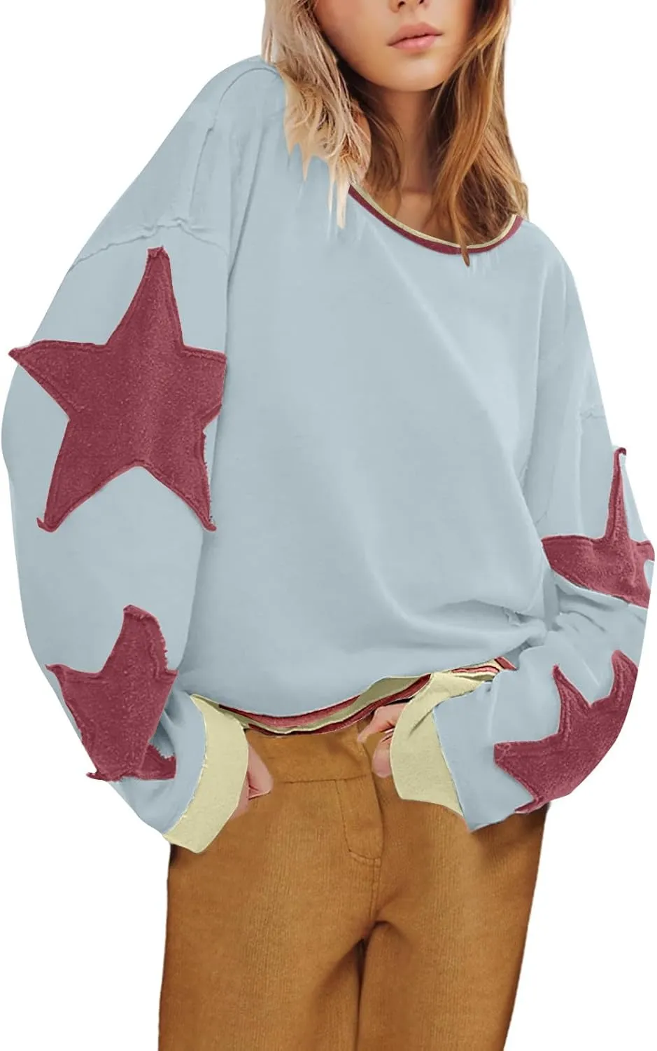 Womens Oversized Star Hoodies Long Sleeve Casual Shirts Drop Shoulder Vintage Graphic Pullover Sweatshirt Y2k Tops
