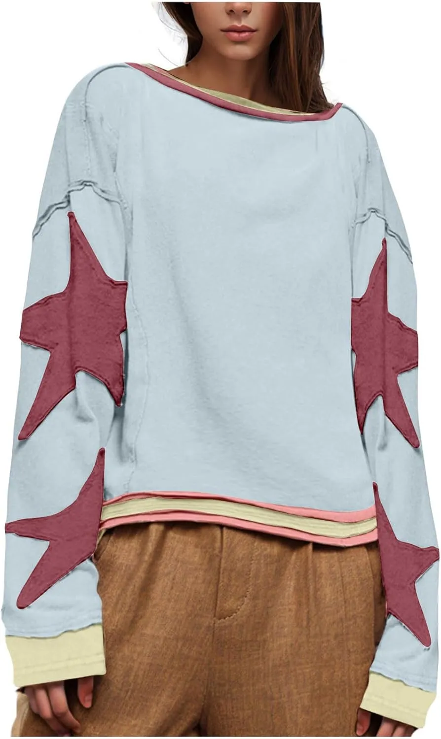 Womens Oversized Star Hoodies Long Sleeve Casual Shirts Drop Shoulder Vintage Graphic Pullover Sweatshirt Y2k Tops