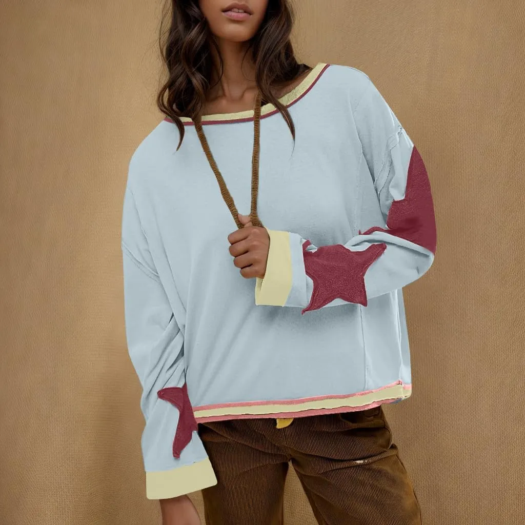Womens Oversized Star Hoodies Long Sleeve Casual Shirts Drop Shoulder Vintage Graphic Pullover Sweatshirt Y2k Tops