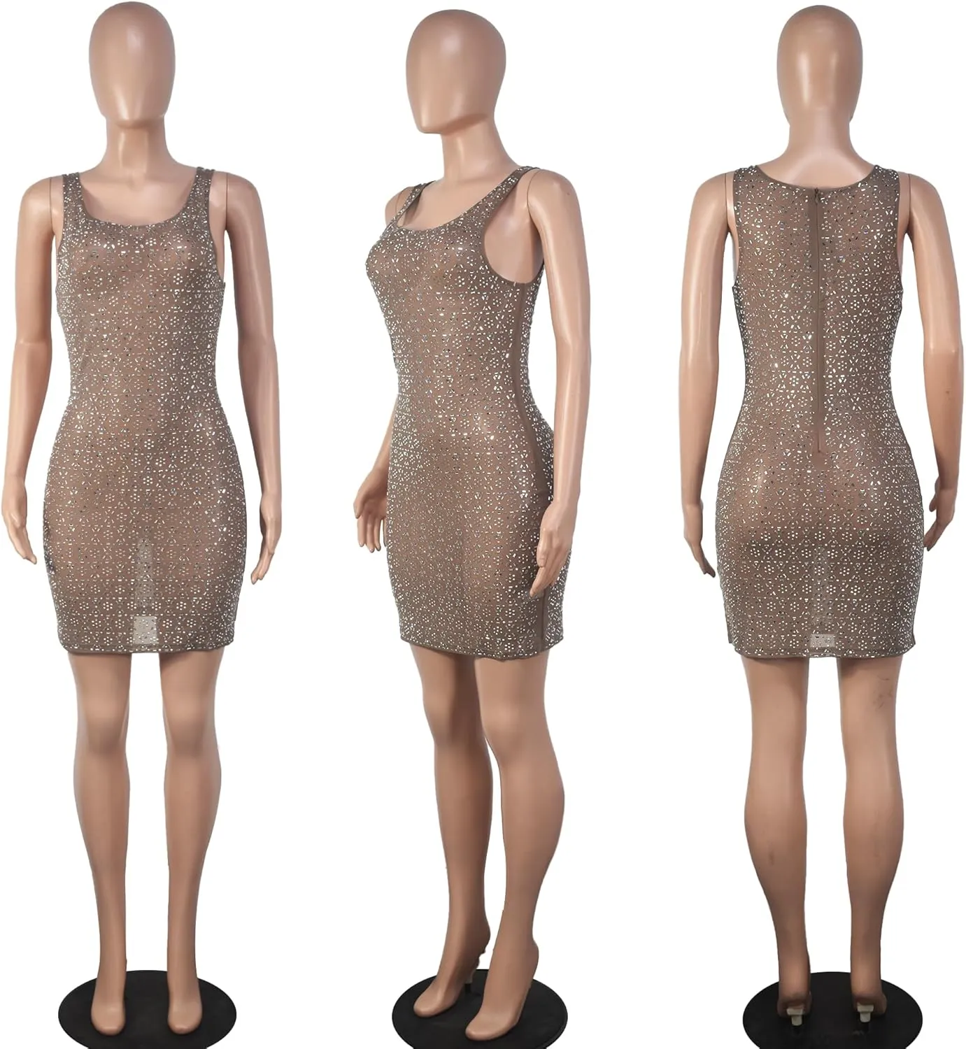 Women's Sexy Rhinestone Sheer Mesh See Through Bodycon Dress Birthday Party Club Night Outfits