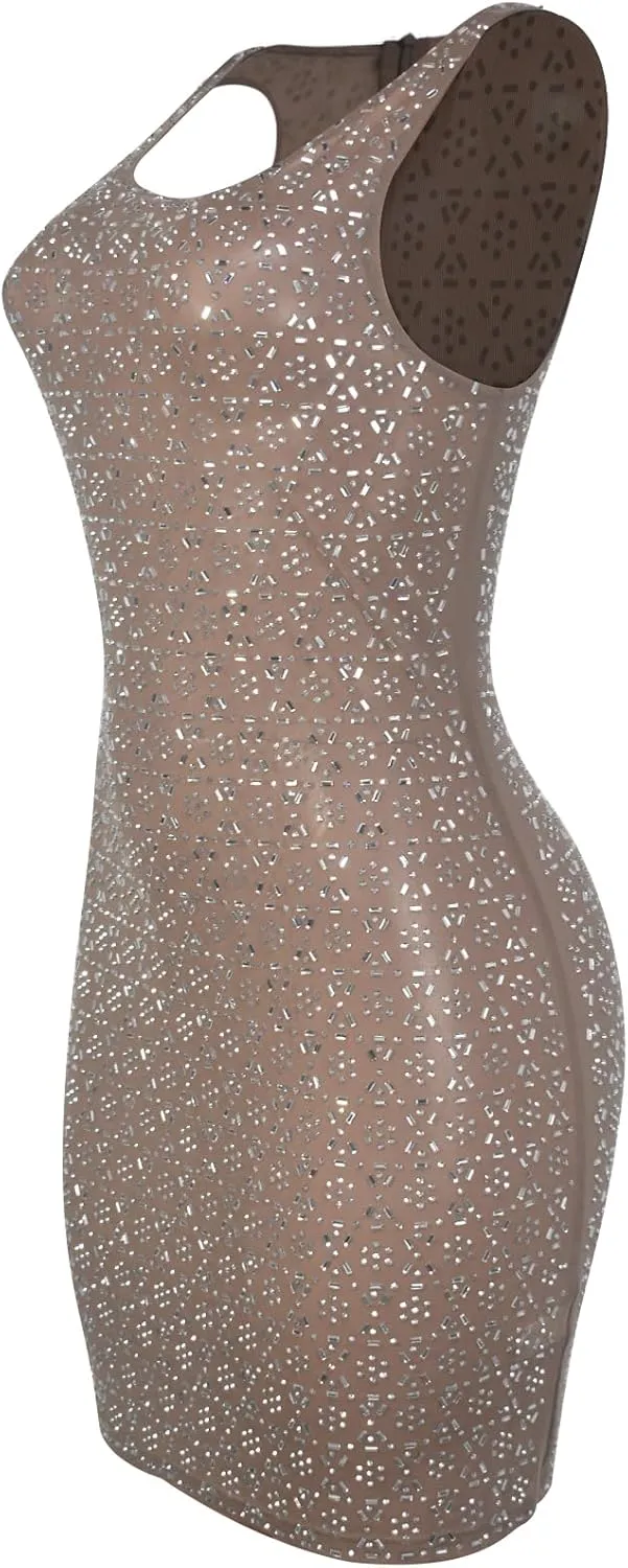 Women's Sexy Rhinestone Sheer Mesh See Through Bodycon Dress Birthday Party Club Night Outfits