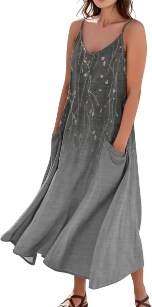 Women's Summer Cotton Linen Long Dress Sleeveless Elegant Flowy Dresses Plus Size Loose Comfy Dress with Pockets