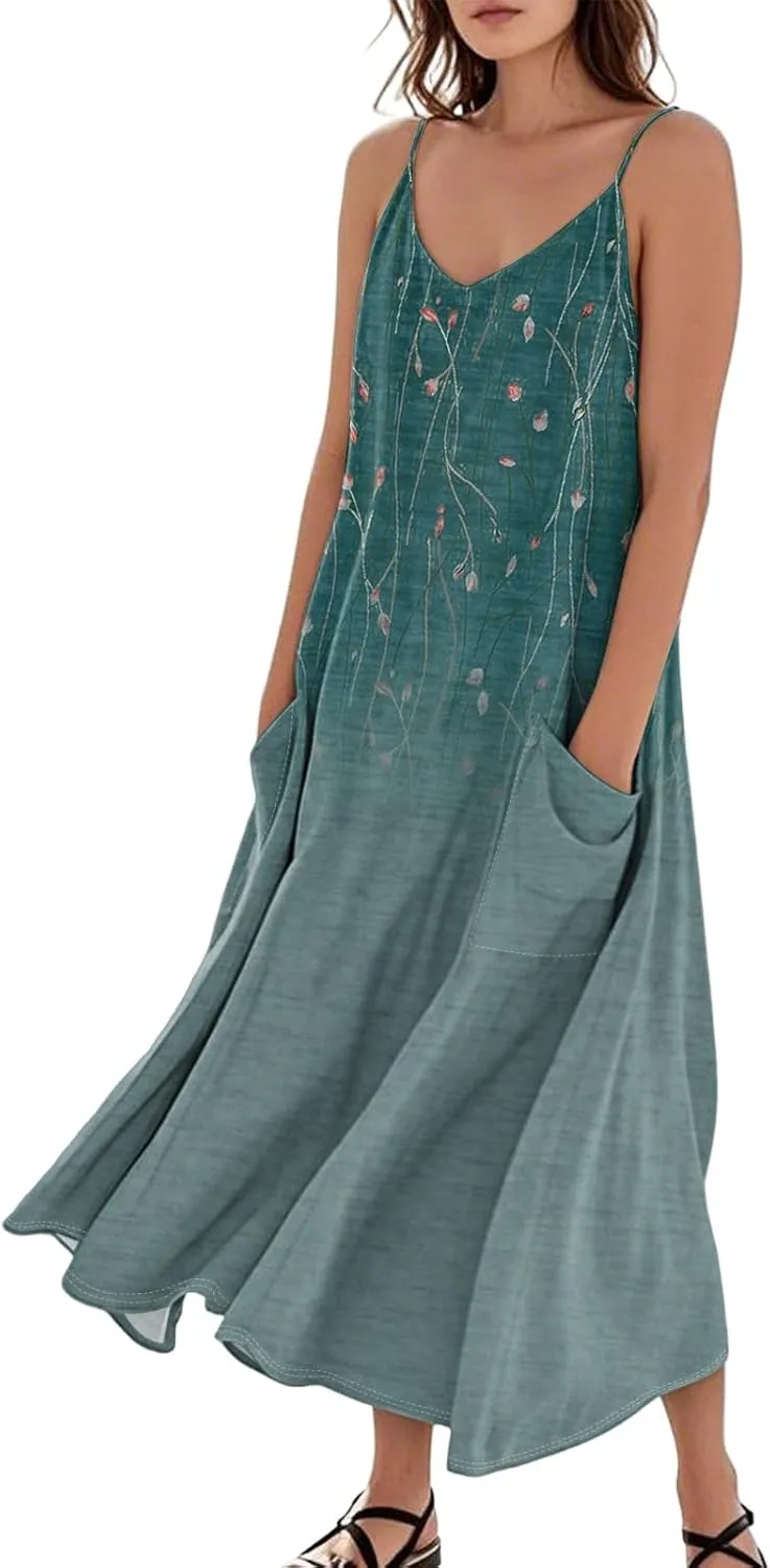 Women's Summer Cotton Linen Long Dress Sleeveless Elegant Flowy Dresses Plus Size Loose Comfy Dress with Pockets