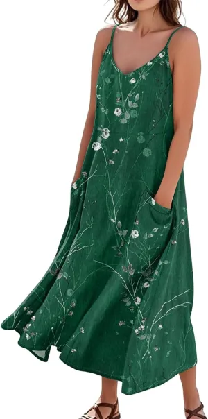 Women's Summer Cotton Linen Long Dress Sleeveless Elegant Flowy Dresses Plus Size Loose Comfy Dress with Pockets