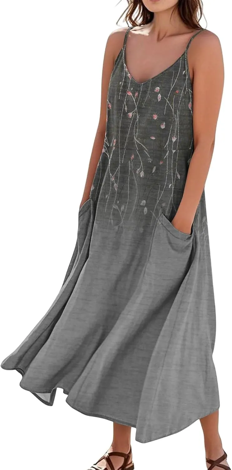Women's Summer Cotton Linen Long Dress Sleeveless Elegant Flowy Dresses Plus Size Loose Comfy Dress with Pockets