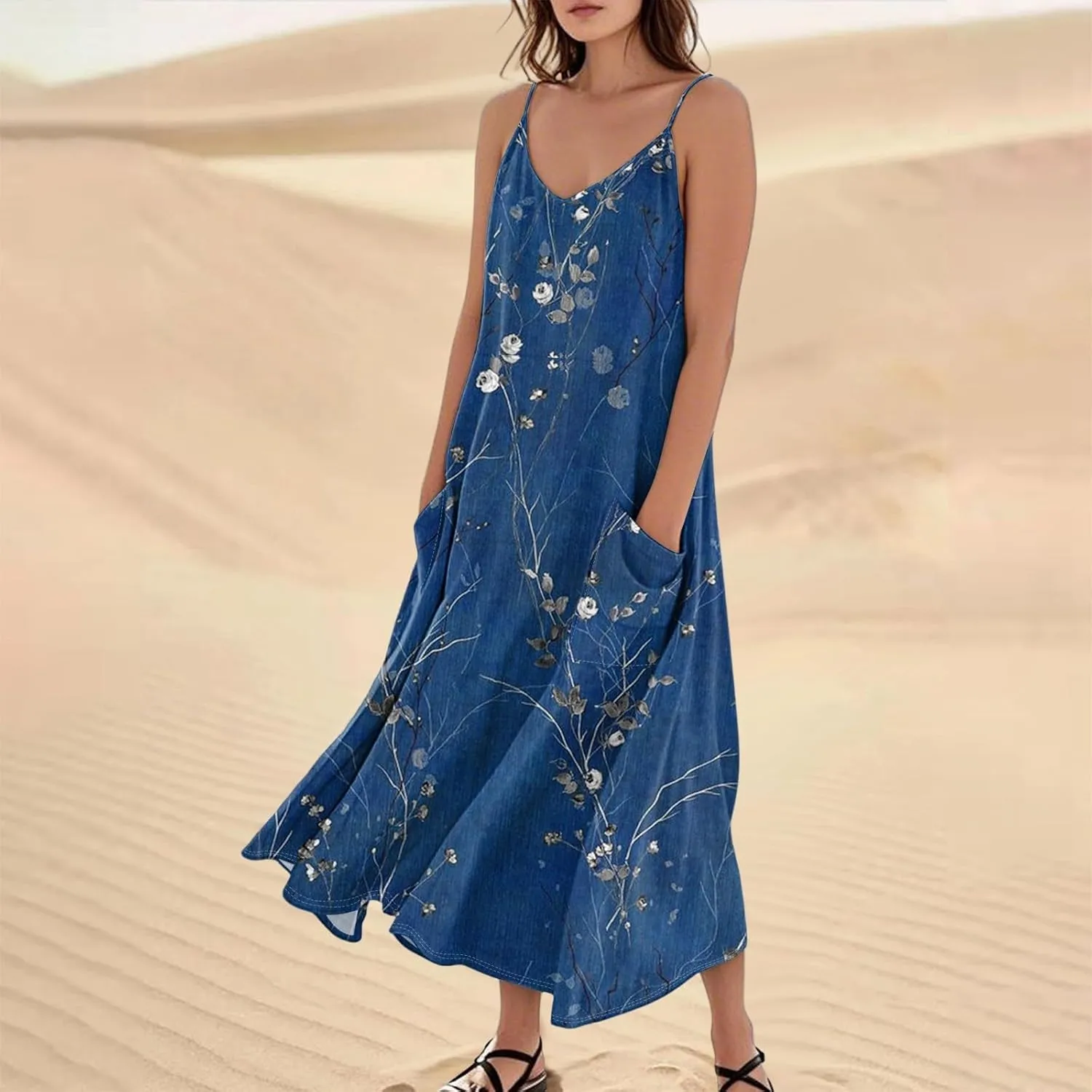 Women's Summer Cotton Linen Long Dress Sleeveless Elegant Flowy Dresses Plus Size Loose Comfy Dress with Pockets