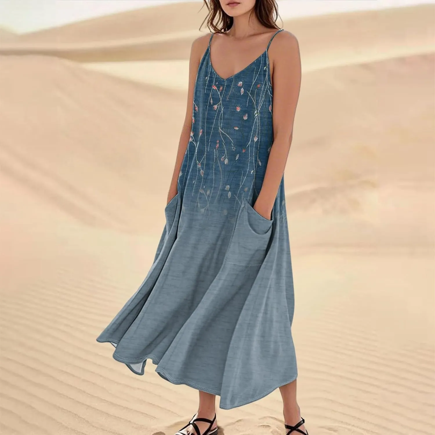 Women's Summer Cotton Linen Long Dress Sleeveless Elegant Flowy Dresses Plus Size Loose Comfy Dress with Pockets