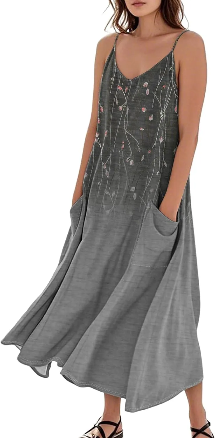 Women's Summer Cotton Linen Long Dress Sleeveless Elegant Flowy Dresses Plus Size Loose Comfy Dress with Pockets