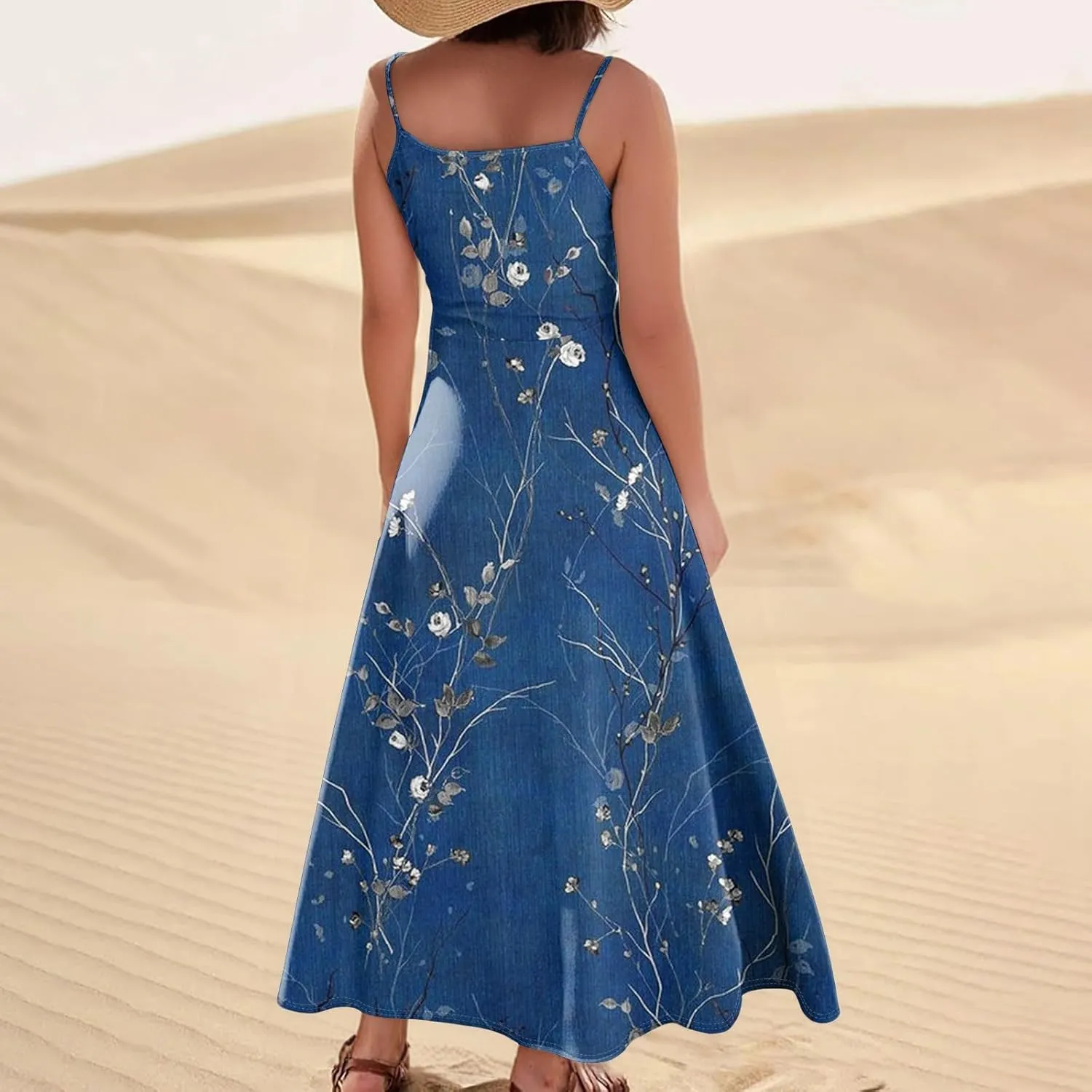 Women's Summer Cotton Linen Long Dress Sleeveless Elegant Flowy Dresses Plus Size Loose Comfy Dress with Pockets