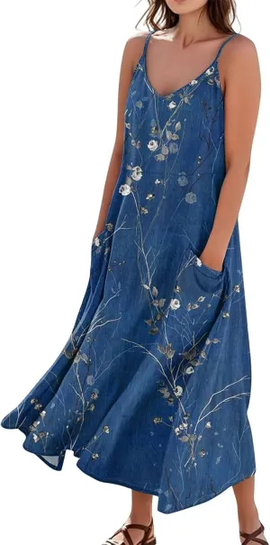 Women's Summer Cotton Linen Long Dress Sleeveless Elegant Flowy Dresses Plus Size Loose Comfy Dress with Pockets