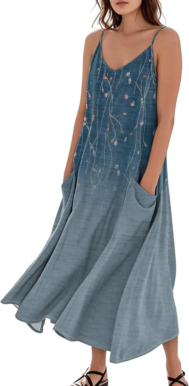 Women's Summer Cotton Linen Long Dress Sleeveless Elegant Flowy Dresses Plus Size Loose Comfy Dress with Pockets