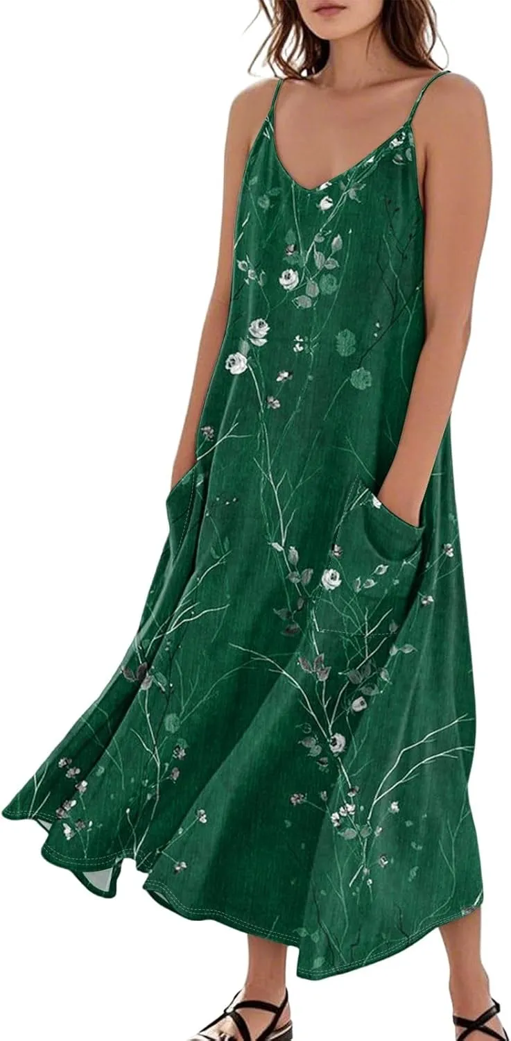 Women's Summer Cotton Linen Long Dress Sleeveless Elegant Flowy Dresses Plus Size Loose Comfy Dress with Pockets