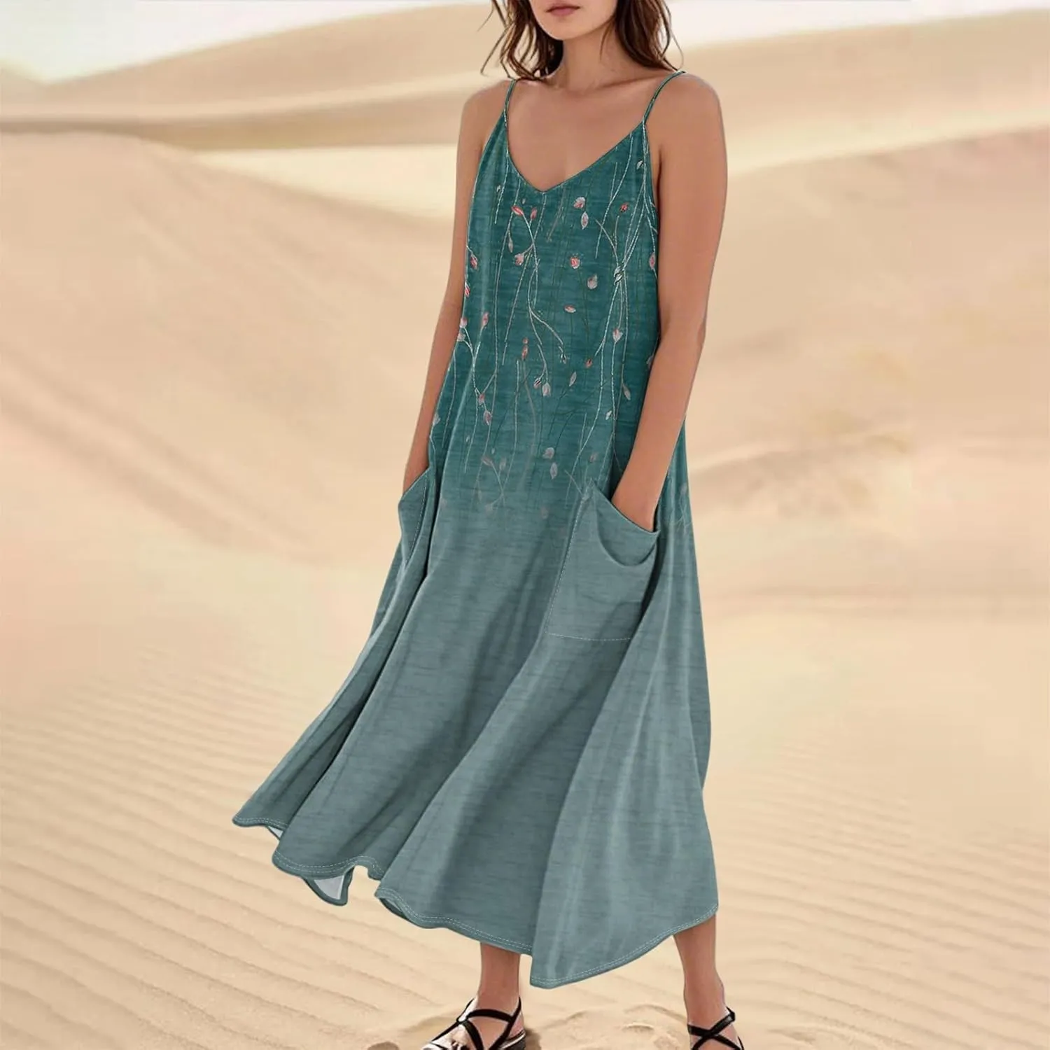 Women's Summer Cotton Linen Long Dress Sleeveless Elegant Flowy Dresses Plus Size Loose Comfy Dress with Pockets