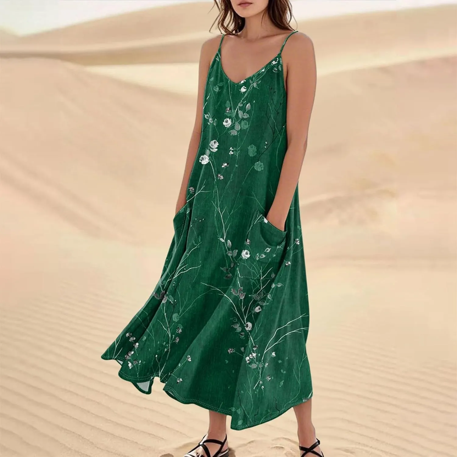 Women's Summer Cotton Linen Long Dress Sleeveless Elegant Flowy Dresses Plus Size Loose Comfy Dress with Pockets
