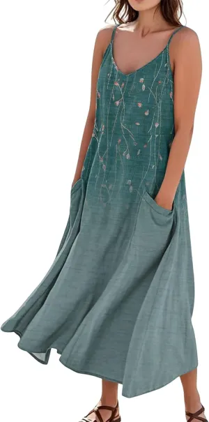 Women's Summer Cotton Linen Long Dress Sleeveless Elegant Flowy Dresses Plus Size Loose Comfy Dress with Pockets