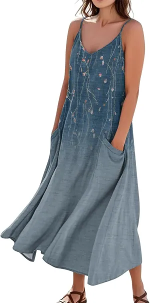 Women's Summer Cotton Linen Long Dress Sleeveless Elegant Flowy Dresses Plus Size Loose Comfy Dress with Pockets