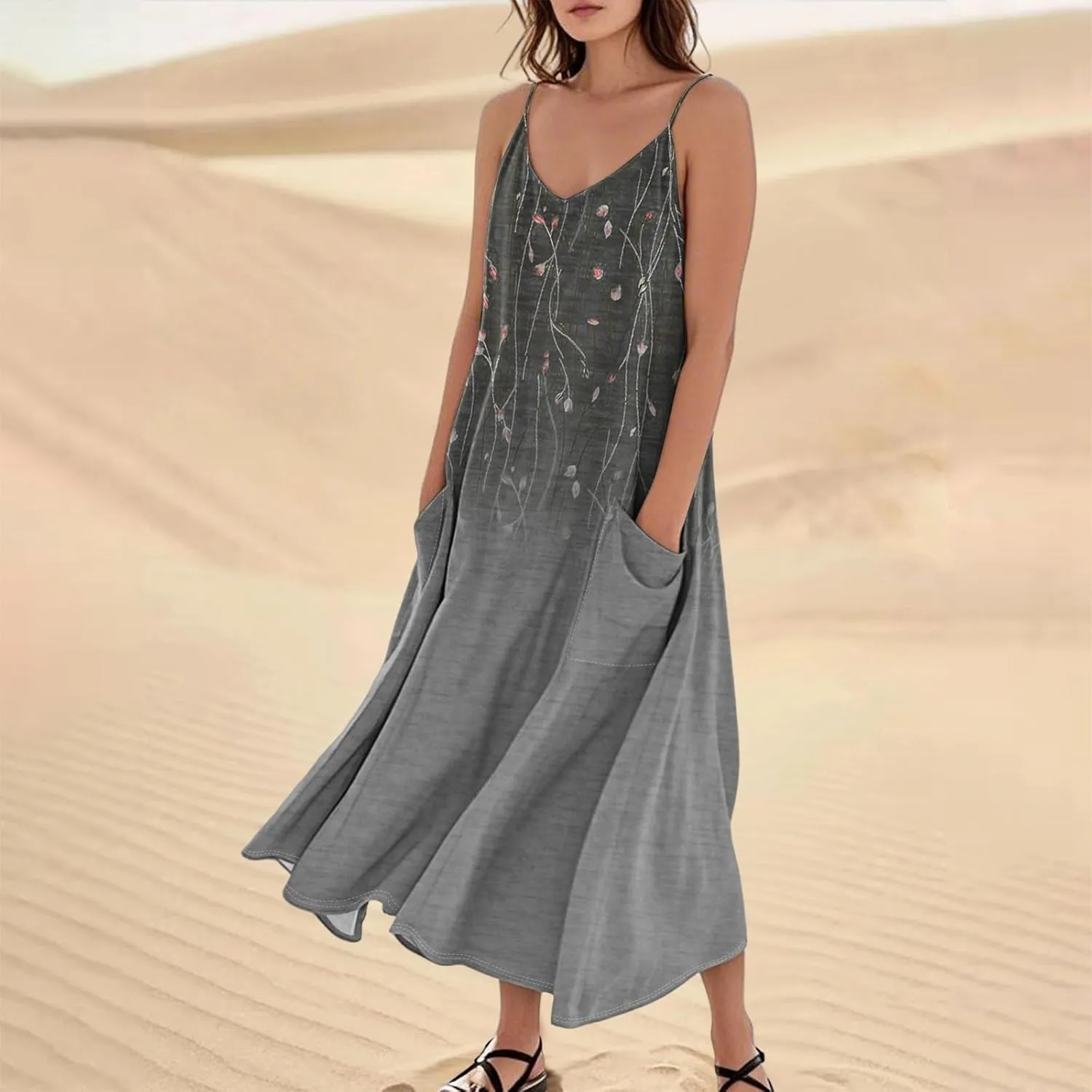 Women's Summer Cotton Linen Long Dress Sleeveless Elegant Flowy Dresses Plus Size Loose Comfy Dress with Pockets