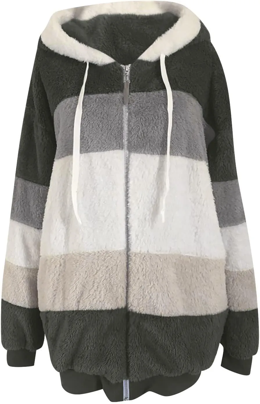 Women's Winter Coats Casual Fleece Jacket Sherpa Fuzzy Faux Shearling Coat Warm Hooded Zip Up Fuzzy Overcoat Outwear