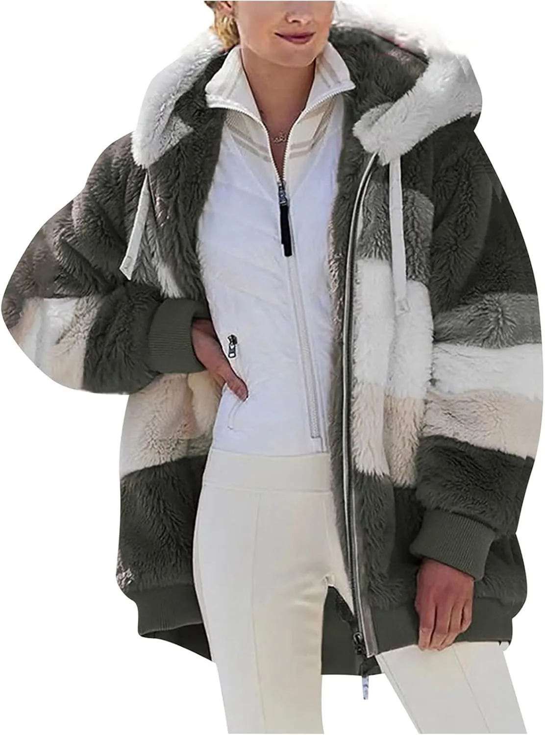 Women's Winter Coats Casual Fleece Jacket Sherpa Fuzzy Faux Shearling Coat Warm Hooded Zip Up Fuzzy Overcoat Outwear
