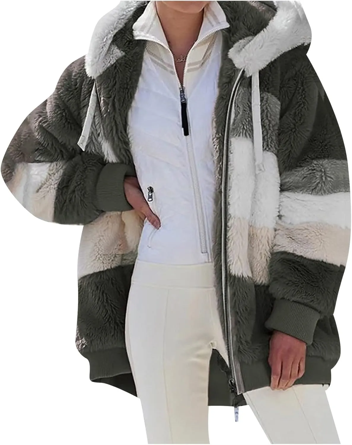 Women's Winter Coats Casual Fleece Jacket Sherpa Fuzzy Faux Shearling Coat Warm Hooded Zip Up Fuzzy Overcoat Outwear