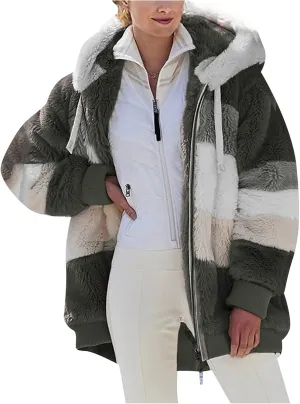 Women's Winter Coats Casual Fleece Jacket Sherpa Fuzzy Faux Shearling Coat Warm Hooded Zip Up Fuzzy Overcoat Outwear
