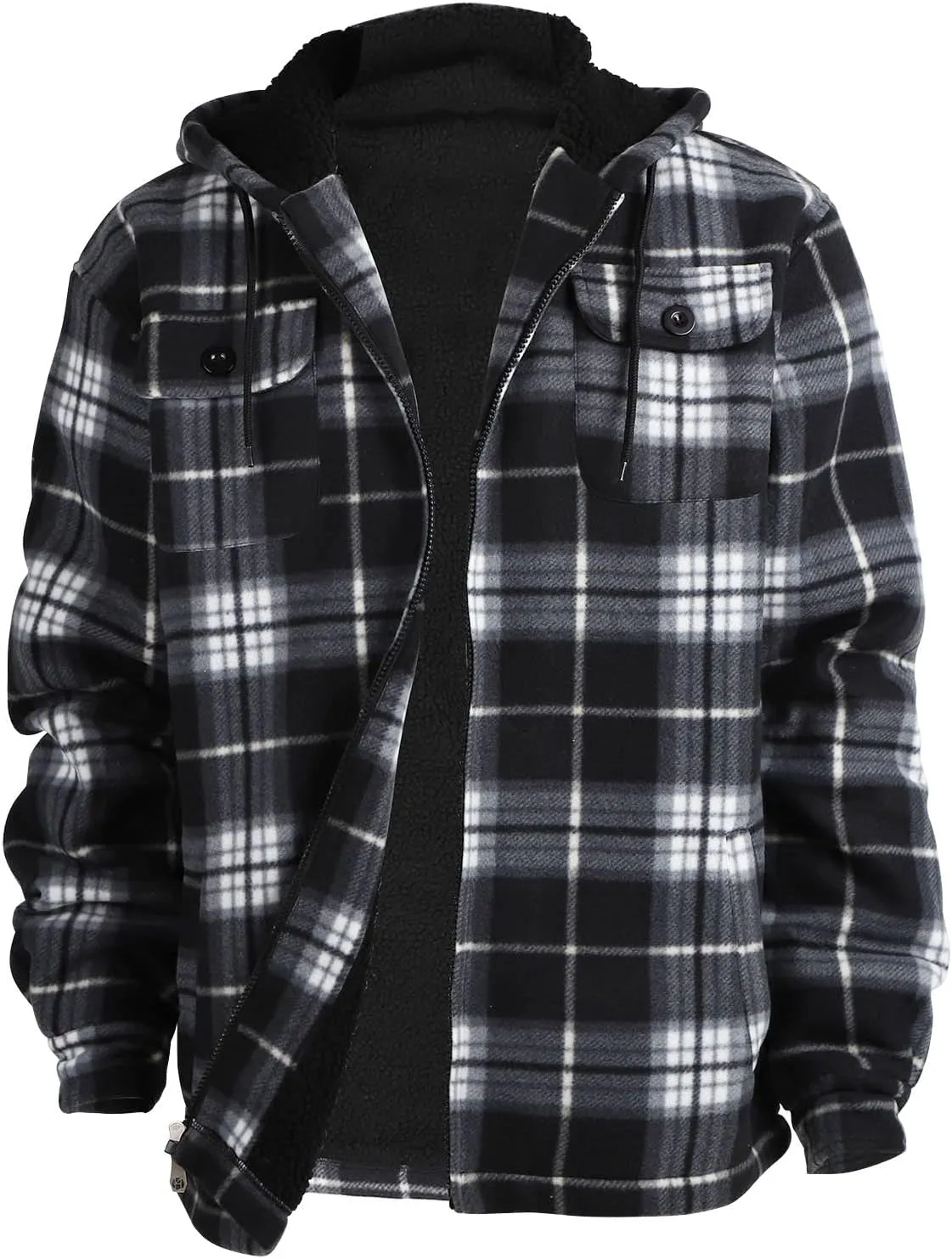 Yasumond Mens Heavy Sherpa Lined Fleece Plaid Flannel Jacket Zip Up Hoodies Warm Winter Coats Big Tall